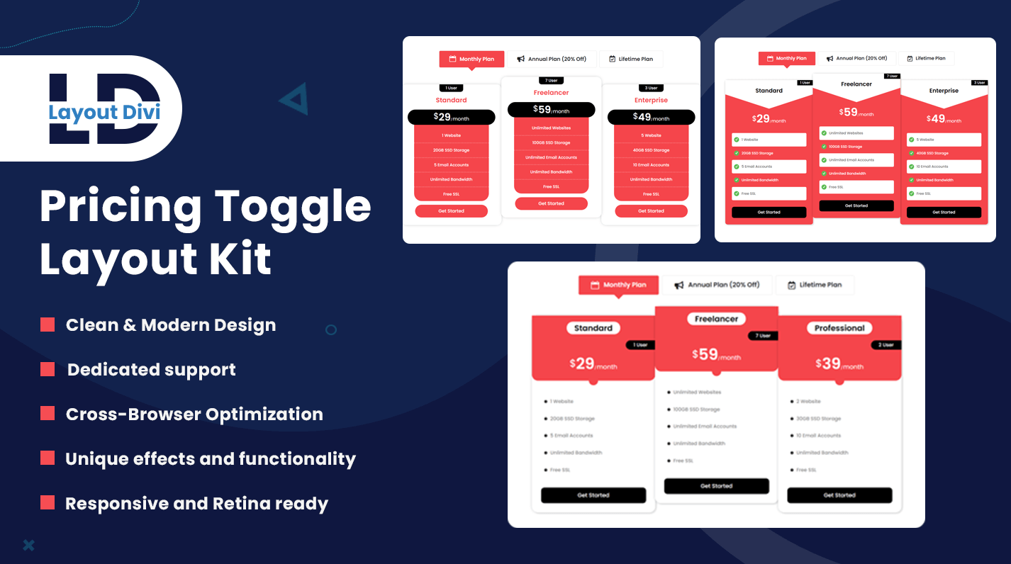 Divi pricing tables toggle layout kit