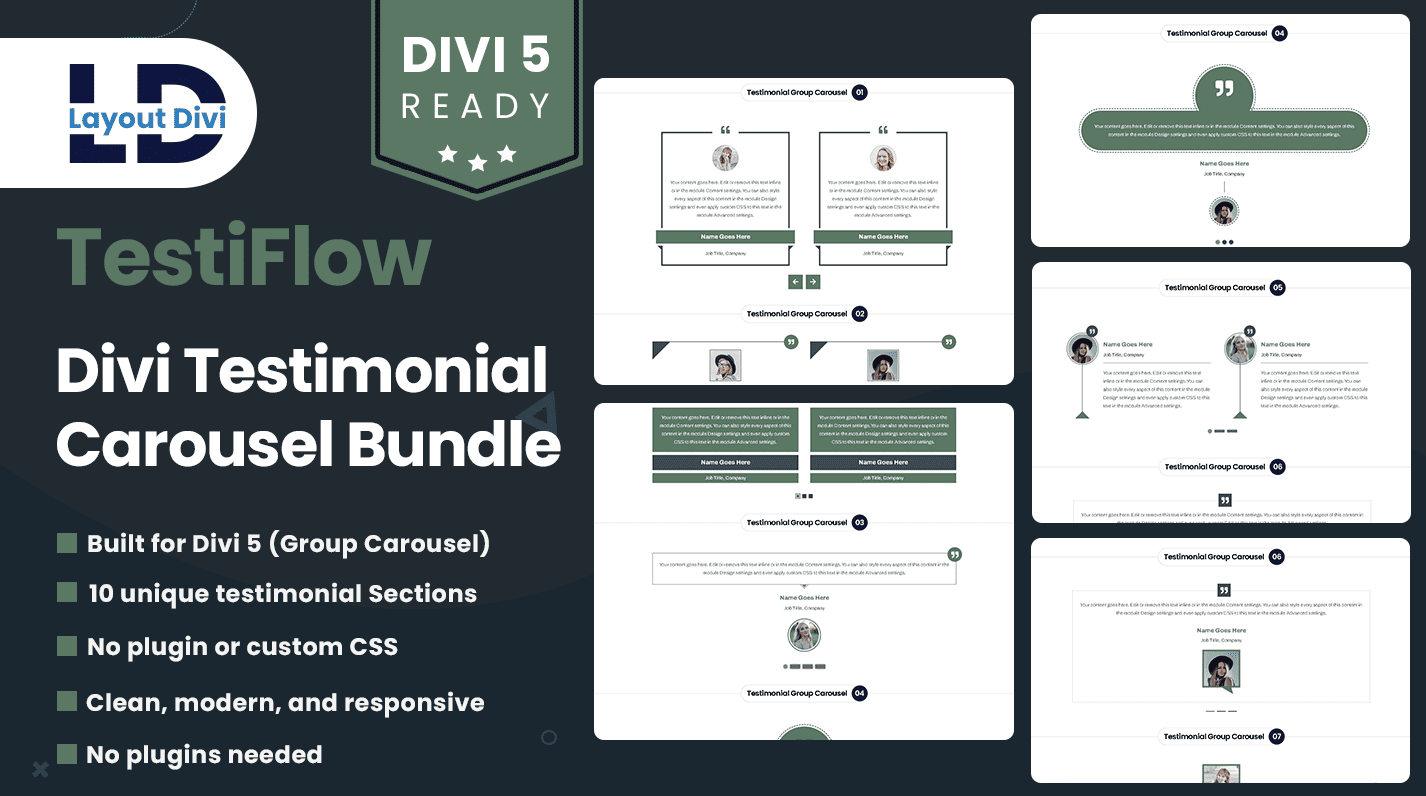 TestiFlow – Divi 5 Testimonial Carousel Section Pack Featured Image TestiFlow – Divi 5 Testimonial Carousel Section Pack Featured Image