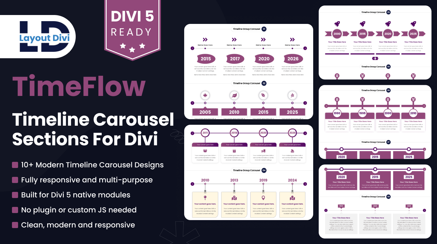 TimeFlow – Timeline Carousel Sections for Divi - Featured Image divi blog module carousel section kit