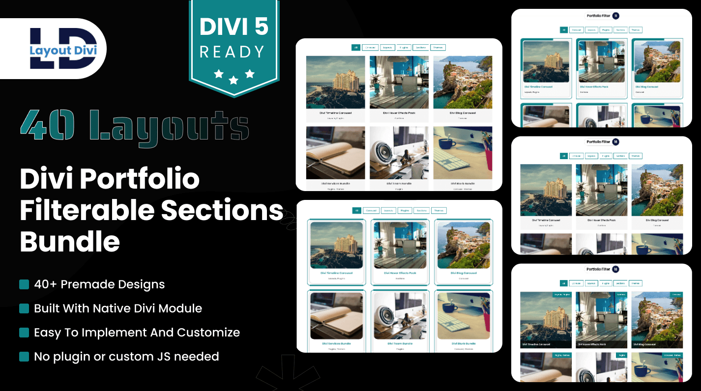 Divi Portfolio Filterable Sections Bundle (40+ Layouts) Divi Portfolio Filterable Sections Bundle (40+ Layouts)