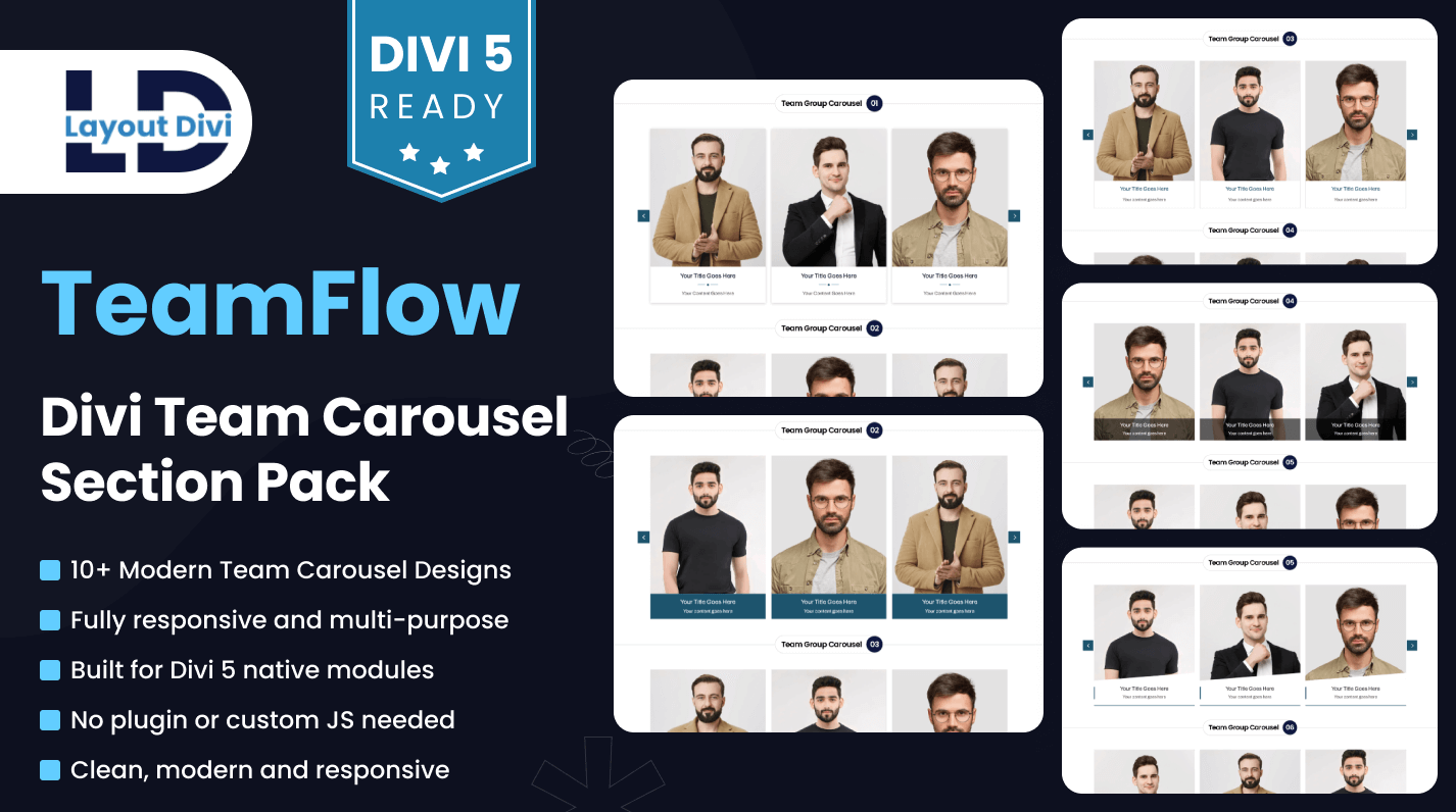 TeamFlow – Divi Team Group Carousel Section Pack Featured Image TeamFlow – Divi Team Group Carousel Section Pack Featured Image